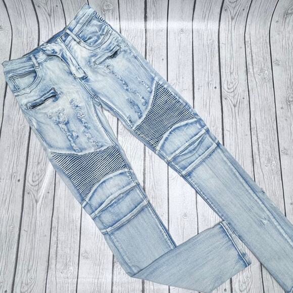 Men’s Balmain Light Blue Destroyed And Ribbed Biker Jeans Size 32x33 - Picture 1 of 9